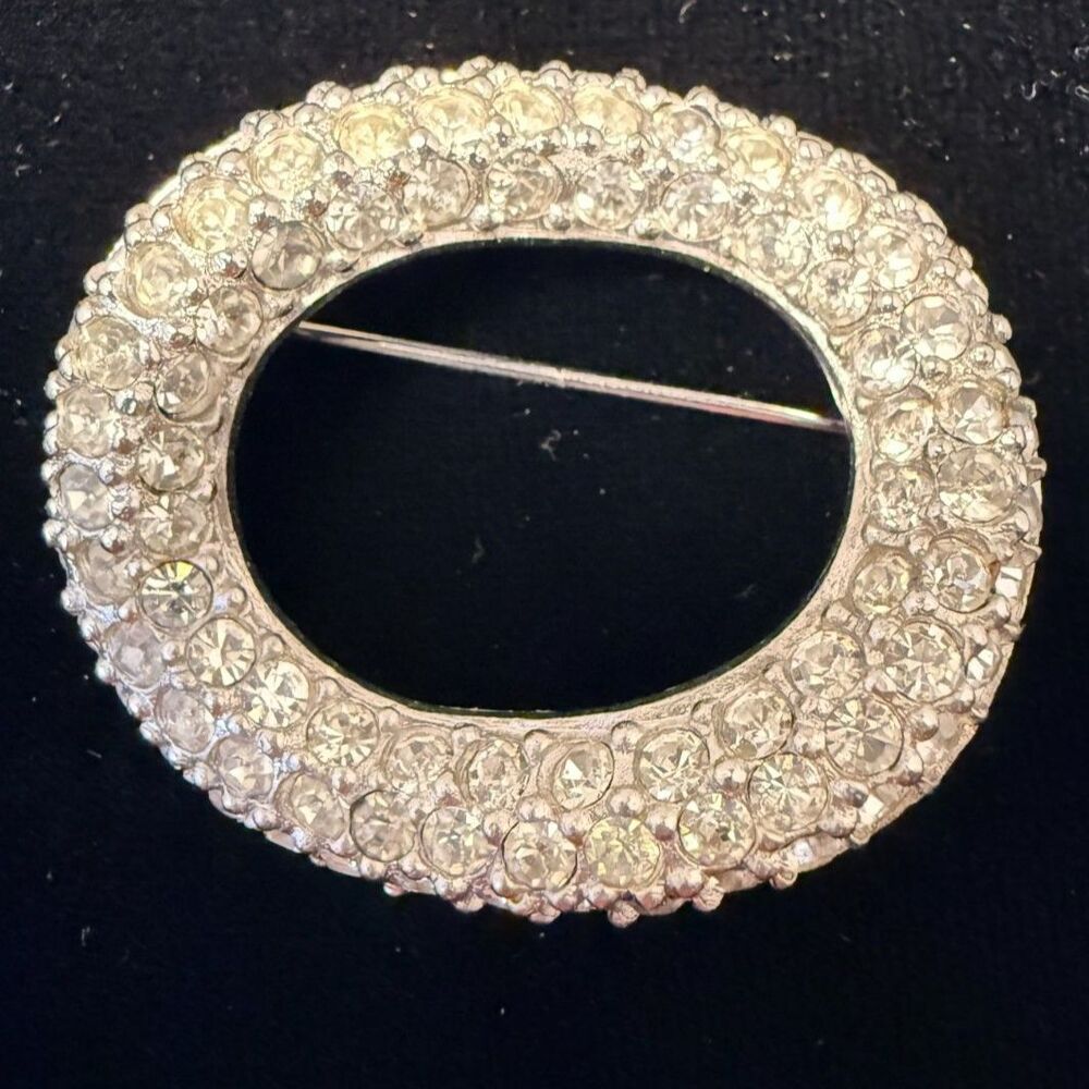 Vintage Givenchy Silver Oval Rhinestone Brooch Couture Costume Pin